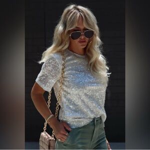 GREY LAB Sequin Short Sleeve Top Nude Pink White Sparkle Blouse NWT M